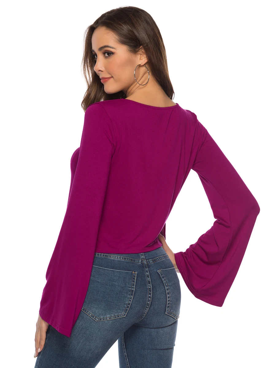 

Women Long Sleeve T-Shirt Cotton Slim Crop Top Womens Solid Wine Red Long Flare Sleeve Tees New Fashion Casual Ladies Short Tees