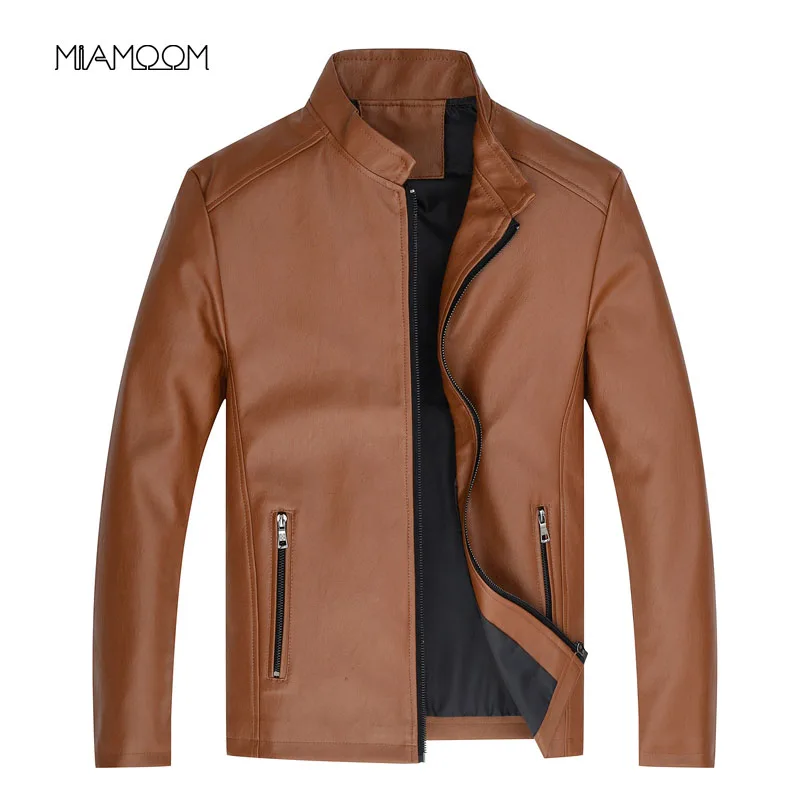 Мужская кожаная куртка с воротником-стойкой из искусственной кожи мотоциклетная