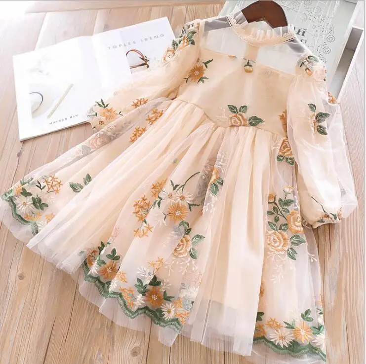 Новинка 2019 г. весенние сетчатые платья с цветочной вышивкой для маленьких