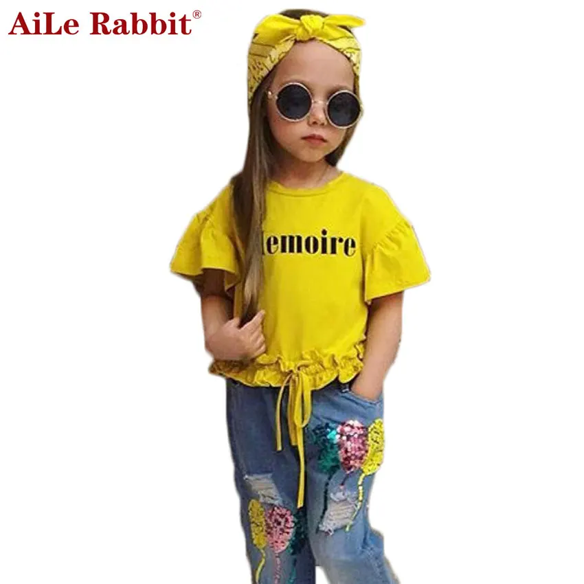 Комплект для девочек с надписью AiLe Rabbit Instagram футболка коротким рукавом джинсовая