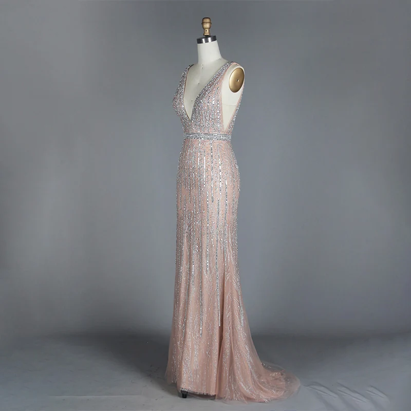 Vestido De Festa2019 новое вечернее платье, милое Розовое Кружевное длинное вечернее платье с v-образным вырезом, вечерние платья невесты, сексуальные платья с открытой спиной и жемчугом для танцев