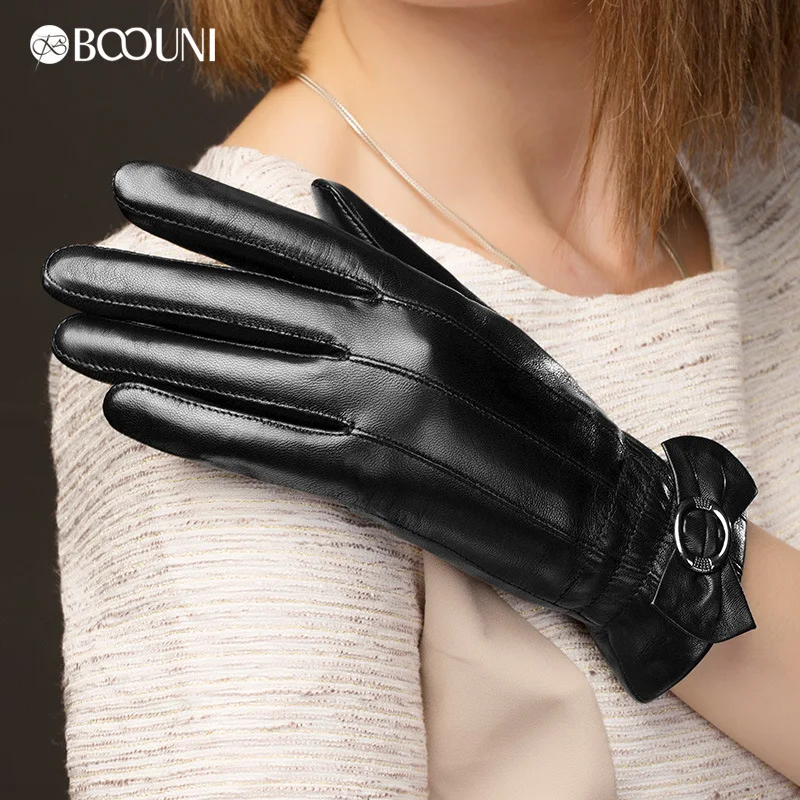 BOOUNI Genuine Leather Gloves Fashion Women  Sheepskin Glove Black Bow Winter Leather Driving Gloves Hot Trend NW216