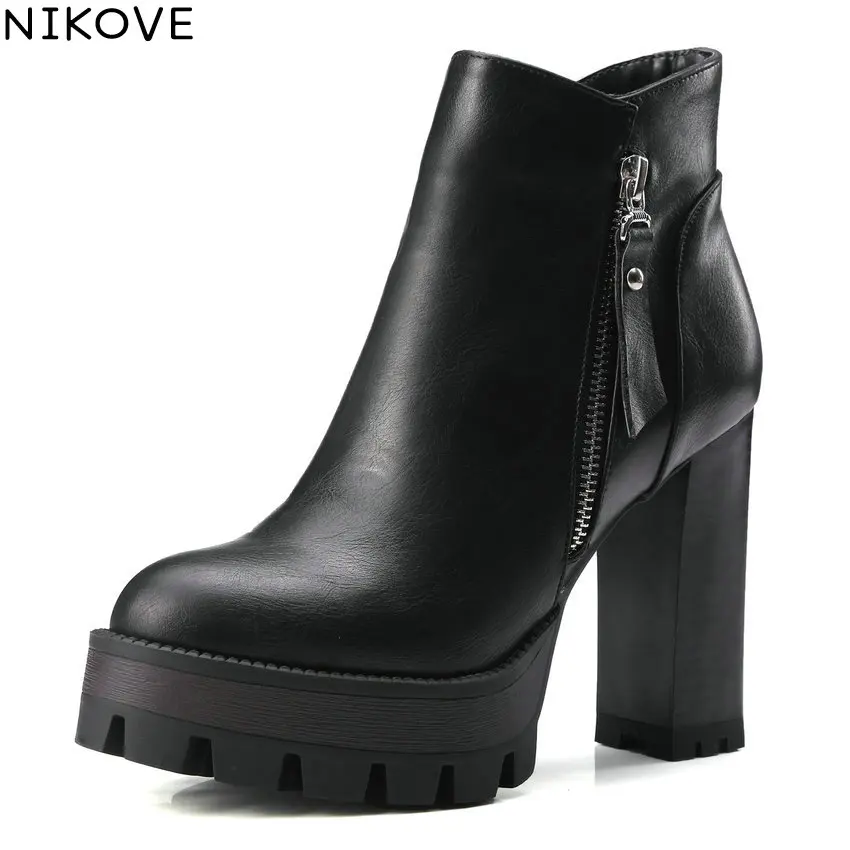 Женские ботинки из ПУ кожи на высоком устойчивом каблуке с круглым носком|high heel