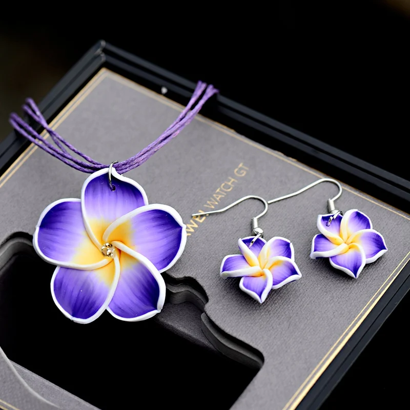 TopHanqi 1set 6color Summer Beach Hawaiian Clay Fimo Frangipani Flower Necklace Earrings Jewelry Sets For Children Girls