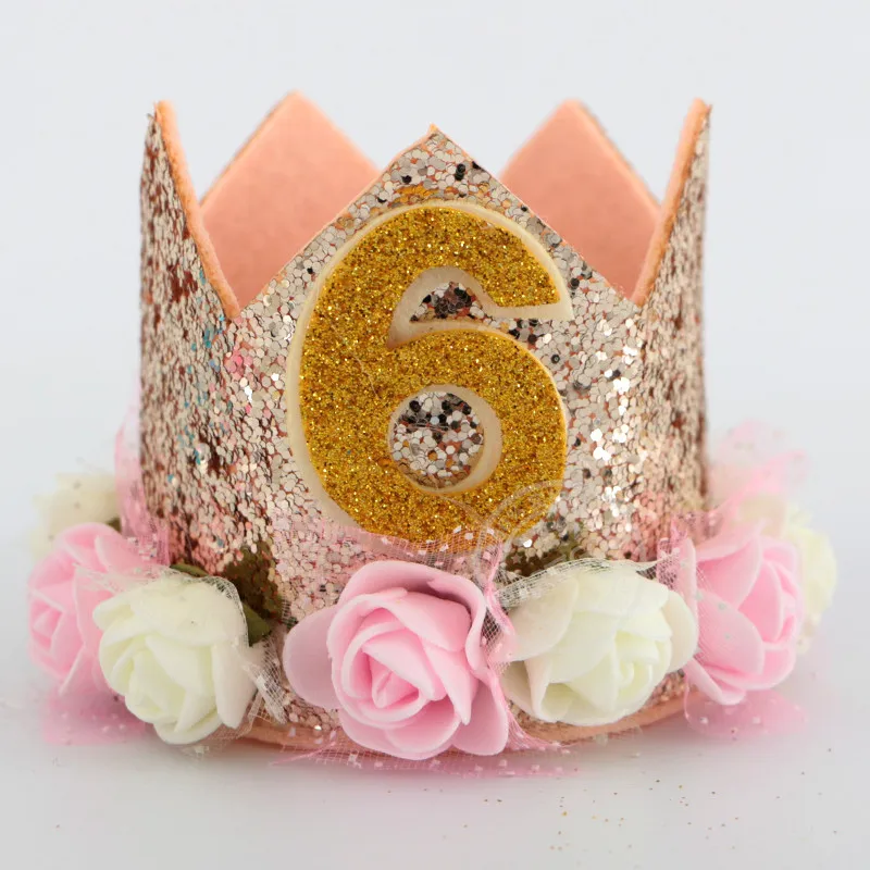 rose gold hat 6 Счастливые шляпы для празднования первого дня рождения, декоративная крышка, один праздничный колпак, корона принцессы, 1-й 2-й 3-й год, детский аксессуар для волос - Цвет: rose gold hat 6