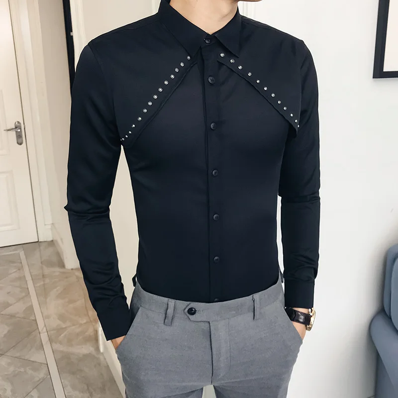 Модная дизайнерская мужская рубашка с заклепками осень новинка 2019 однотонная