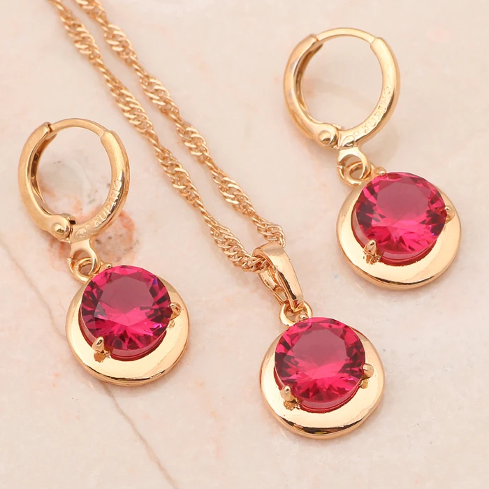 Милый круглый набор стильной бижутерии золотой тон Розовый Красный Кристалл
