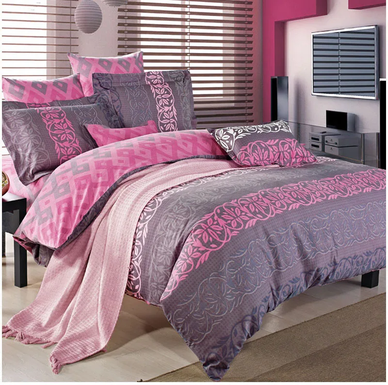 

pink grey stripe plaid Sanding 100% cotton luxury bedding set king queen bed set duvet cover set pillowcase bed sheet set 4pcs