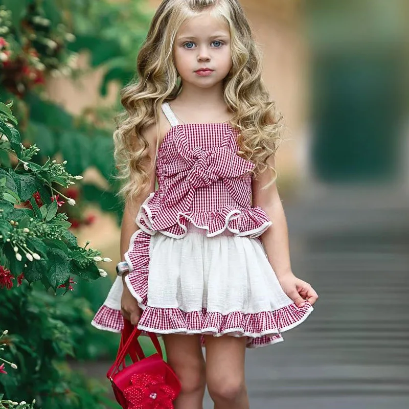 

Baby Girls Plaid Bow Lace Halter Tops with Ruffles Patchwork Pants Outfits Summer New Holiday 2pcs Sets Kids Clothing
