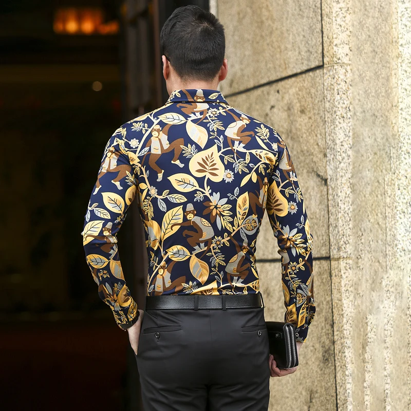 Luxury Brand Men Shirt 5XL 6XL Fashion Long Sleeve Wedding For Designer Casual Shirts Gold Floral Camisa Hombre S17 | Мужская одежда