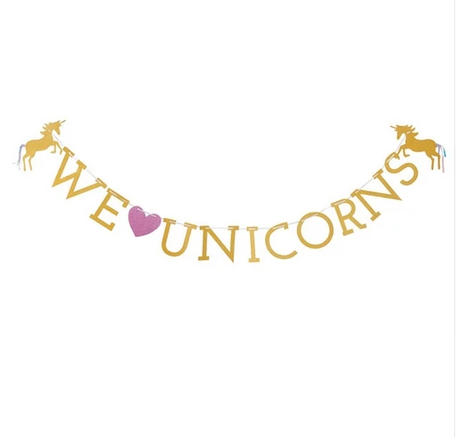 FENGRISE Glittering Unicorn Happy Birthday I Am One Banner Baby Shower Kids Favors Cartoon Banner Flags Unicorn Party Supplies - Color: WE LOVE UNICORNS