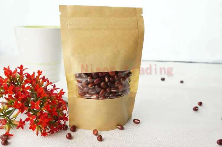 

100pcs/lot zipper bags, 16*22cm stand up Kraft paper ziplock bag with transparent window - resealable coffee bean zip doypack