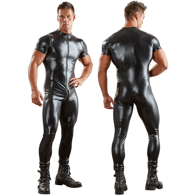 

2019 Patent Leather Zipper Sexy Lingerie Vest Underwear Tights for Men Singlet Lingerie Bodysuit Nightclub Stage Performance