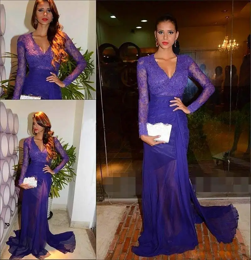 Шифоновое вечернее платье до пола с длинным рукавом и V образным вырезом|lace evening