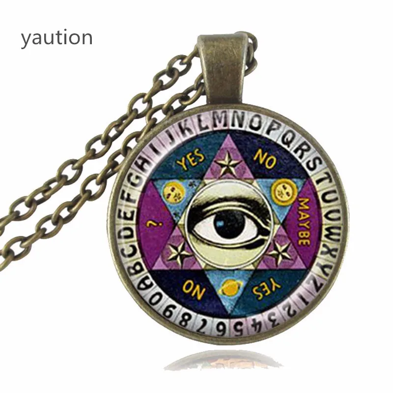 

Ouija Board Pendant Necklace Illuminati Psychic Palm Reader Spirit Jewelry Wisdom Eye Pentagram Necklace Glass Dome Choker