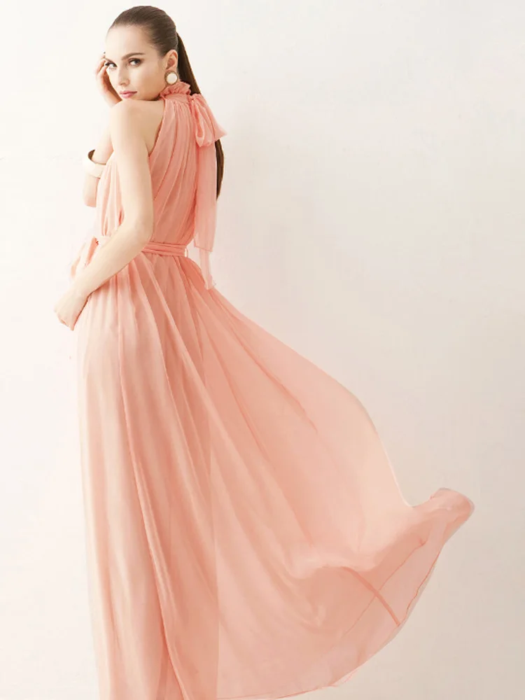 

2019 Summer New Women Large Size Thin Long Dresses Fashion Chiffon Halter Sleeveless Elegant Female Dress Sashes Bohemian Dress