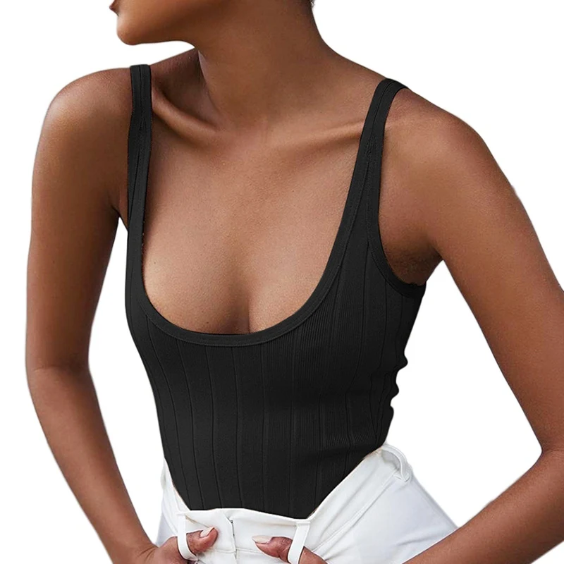 

Summer Black U Neck Front Bodysuit Sexy Sleeveless Solid Skinny Bodysuits Women Ladies Stretchy Minimalist Triangle Bodysuits