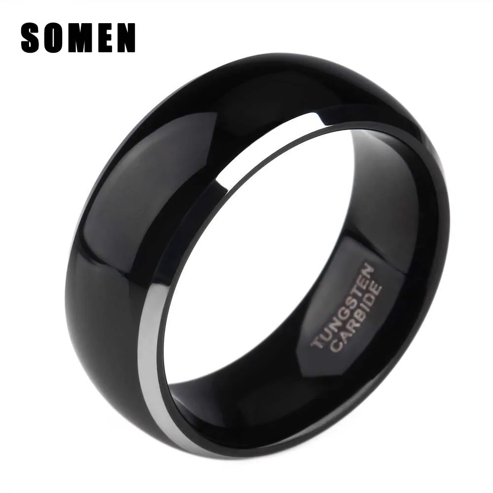 

8mm Men's Black Tungsten Carbide Ring Dome Polished Edges Design Wedding Bands Fashion Engagement Rings Jewelry anillos hombre