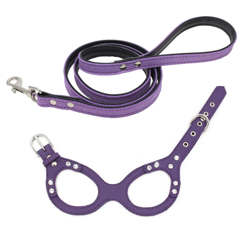Purple set Pet кожаные перекрестные Подтяжки комплект со стразами, стильные, удобные, поводок для собак, поводок для собак, автоматический поводок Регулируемый жилет меховой воротник - Цвет: Purple set