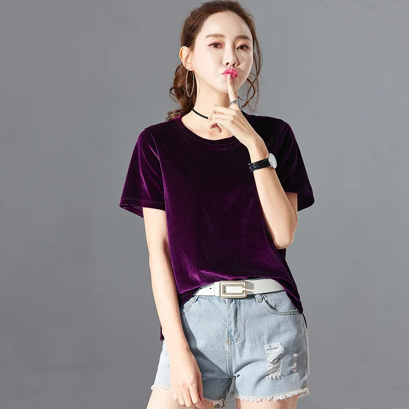 

Spring and Summer New T-shirt Women's Gold Velvet Round Neck Short-sleeved Shirt Ladies T-shirt