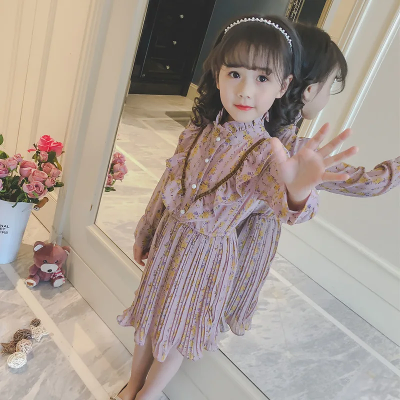 2019 new spring 3 - 12 yrs little girls loose chiffon dress winter long sleeve dresses print floral party frocks for baby | Детская
