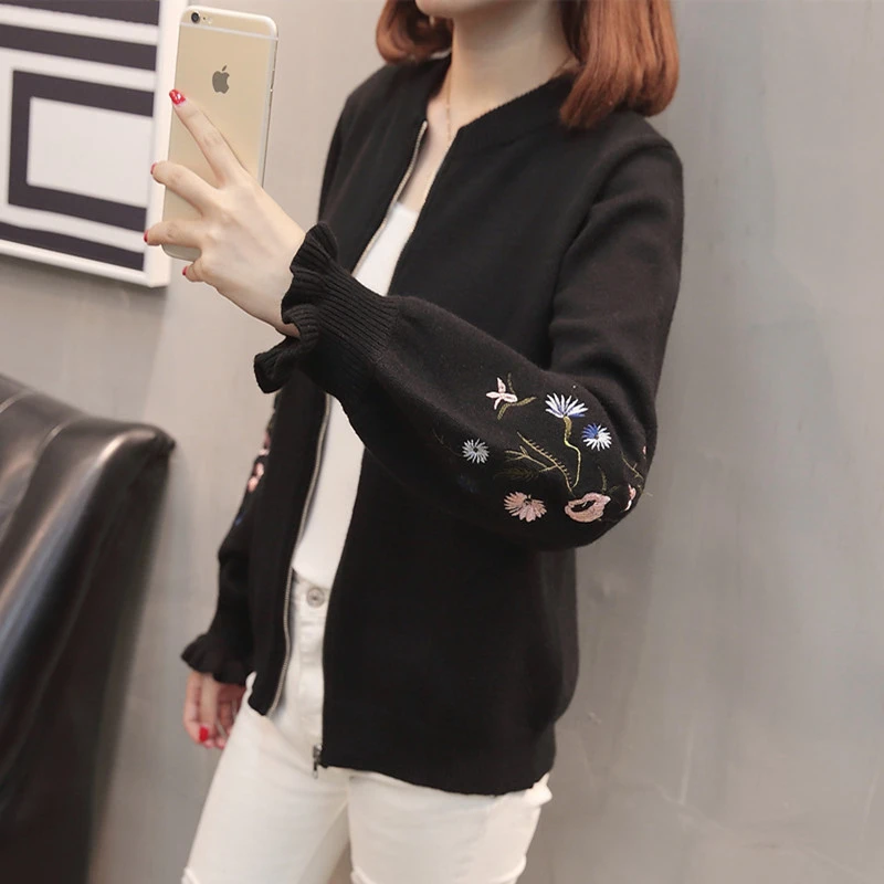 Autumn Winter Women Long sleeve Black beige Knitted Cardigan Female 2019 Fashion Loose Embroidery lady Sweater Jacket |