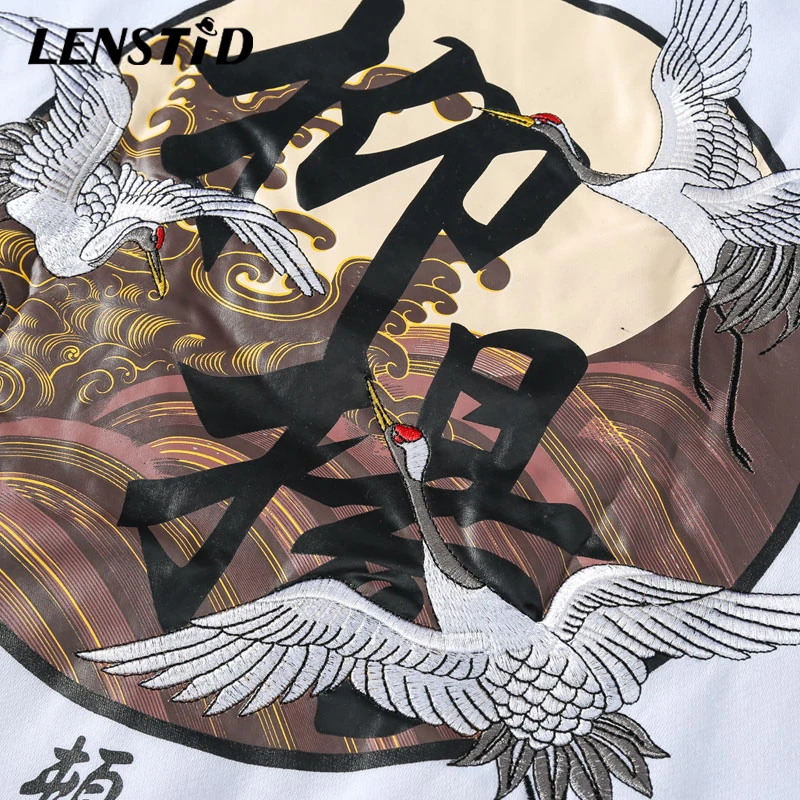 LENSTID High Street вышивка японский журавль пуловер толстовки для мужчин 2019 Весна Осень