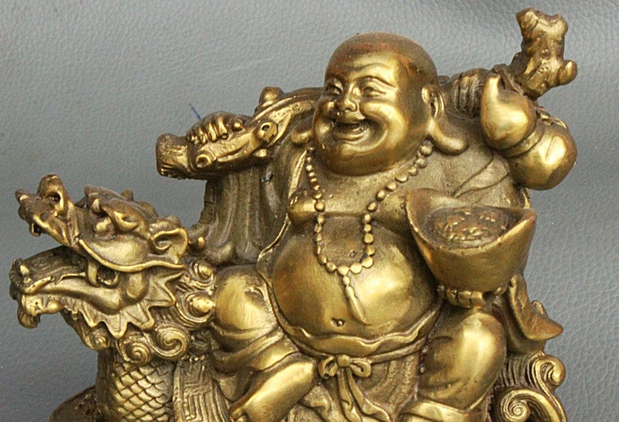 Китай латунь для богатства с юаньбао монетами Gourd Maitreya Будда езда статуя дракона