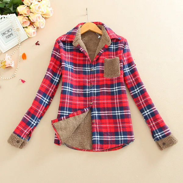 Wine red plaid Новые модные женские зимние рубашки, повседневный теплый кардиган, женская рубашка с длинным рукавом, утолщенная флисовая клетчатая блузка, топы T78401A - Цвет: Wine red plaid