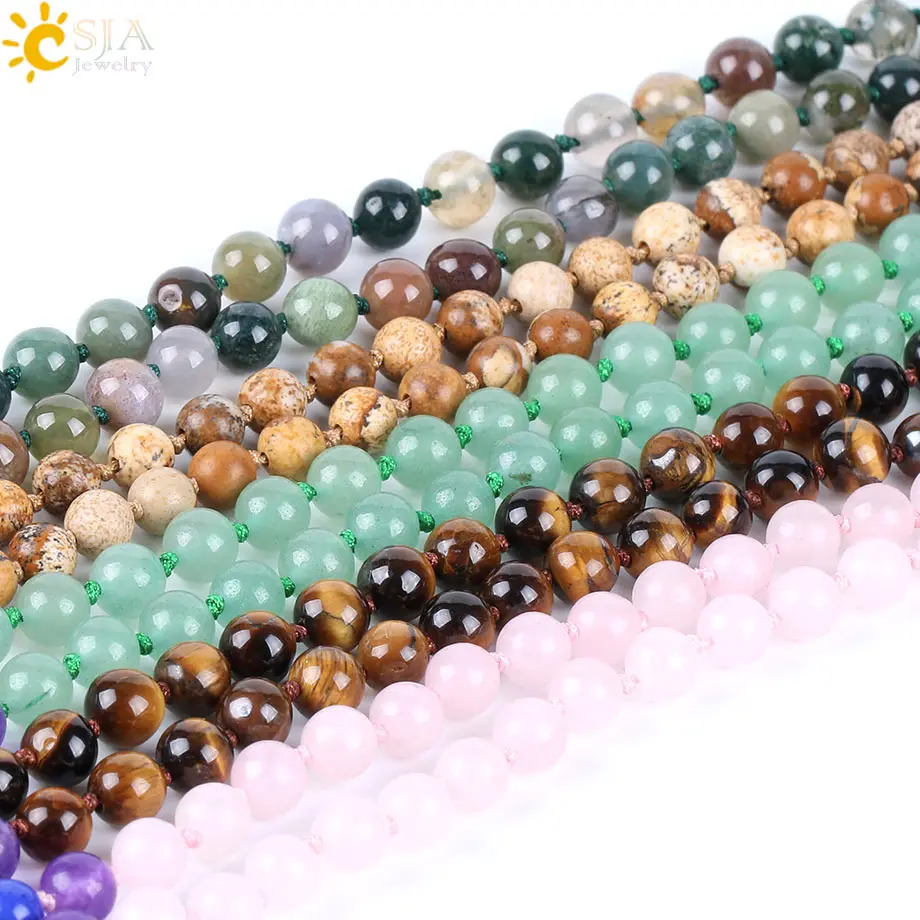 CSJA Reiki Boho Tassel Necklaces Chakra 6mm Natural Gem Stones Yoga Mala Bead Pink Quartz Round Donut Pendant Long Necklace E800 |