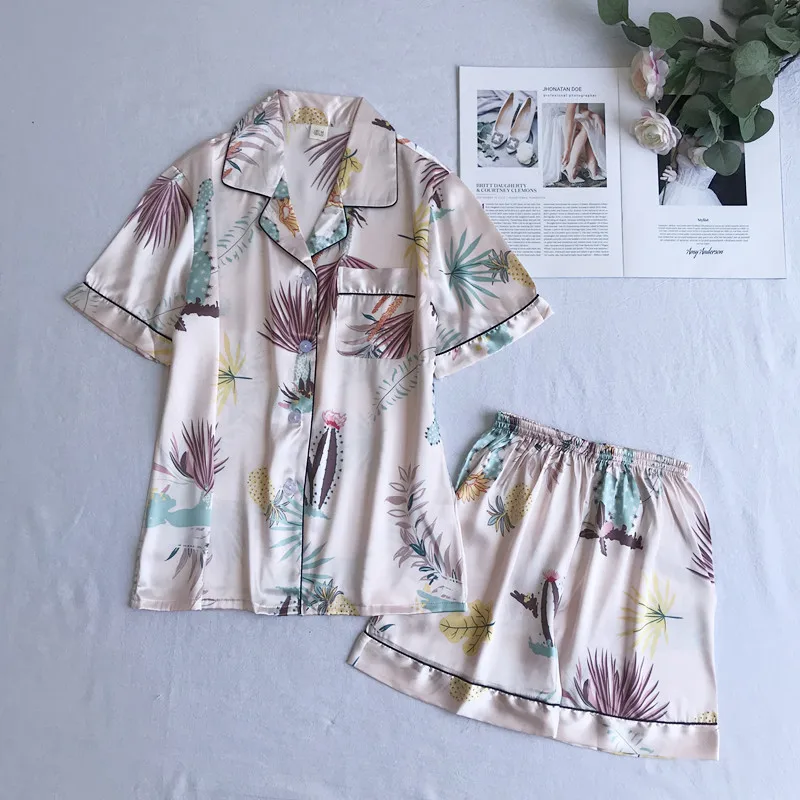 2 шт. Женский Атласный пижамный комплект с коротким рукавом и цветочным принтом |