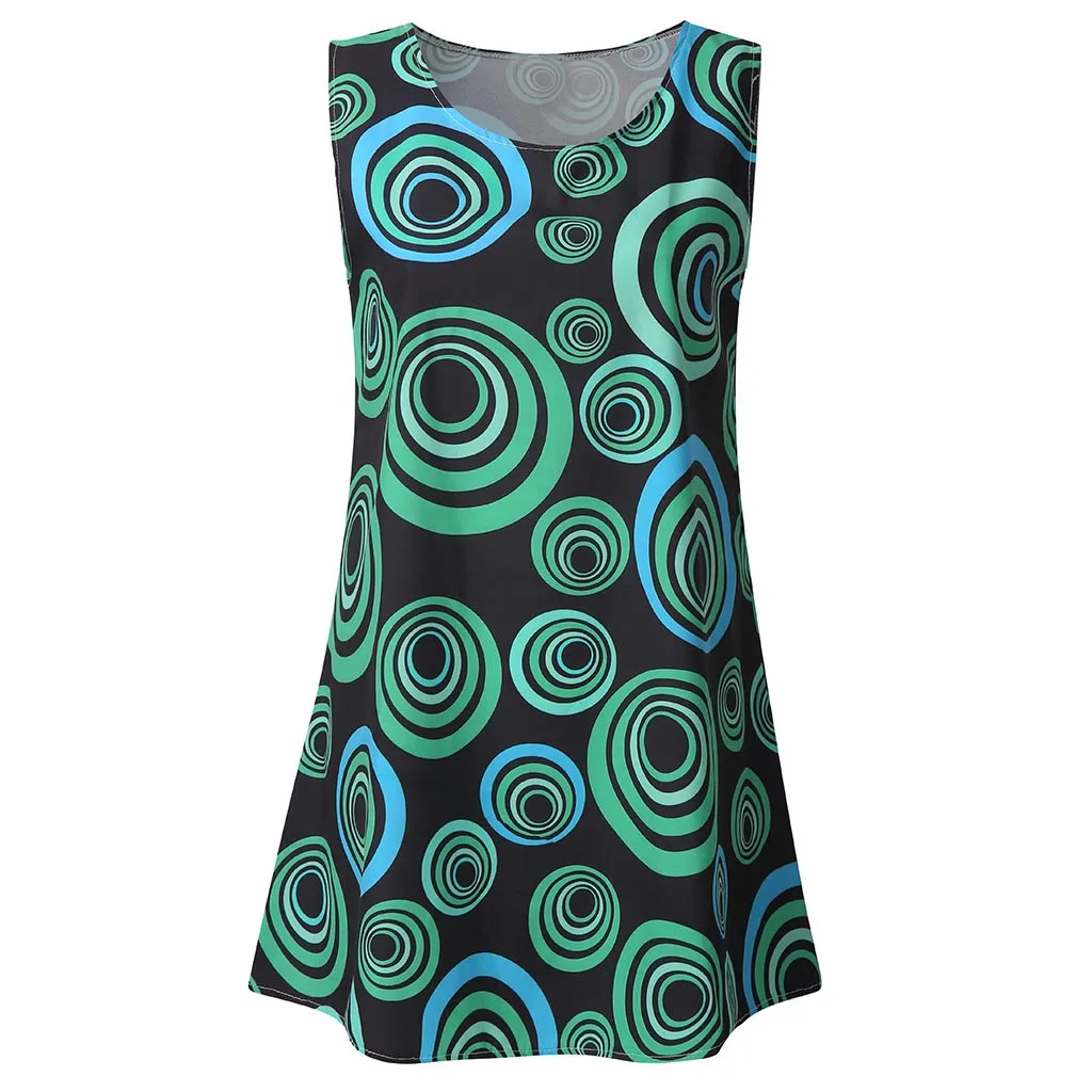 Повседневное женское платье с принтом круглым вырезом без рукавов свободное