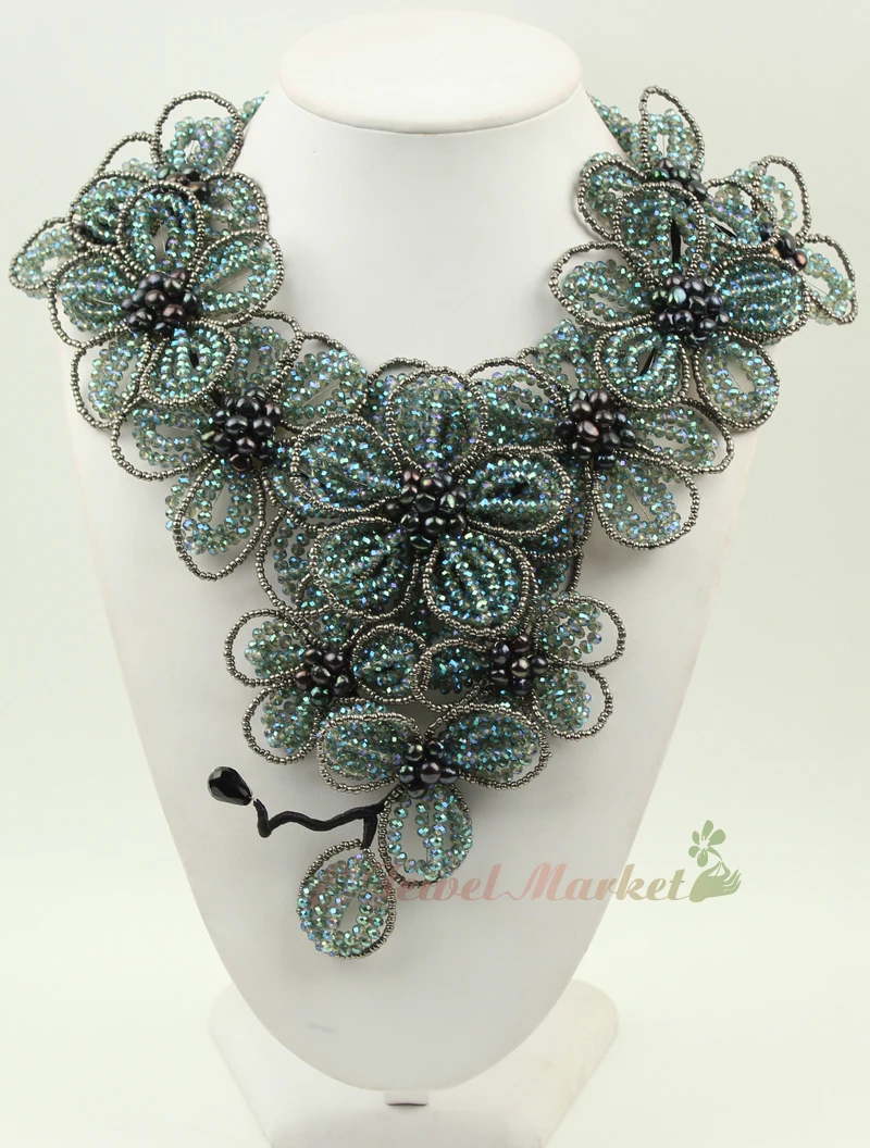 N14091125 зеленый столкнулись Кристалл FW жемчужное ожерелье цветок|flower necklace|necklace