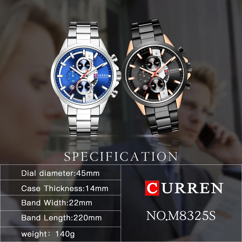 Curren 8325 нержавеющая сталь часы календари спортивные бизнес для отдыха водостойкий хронометр второй кварцевые мужские часы