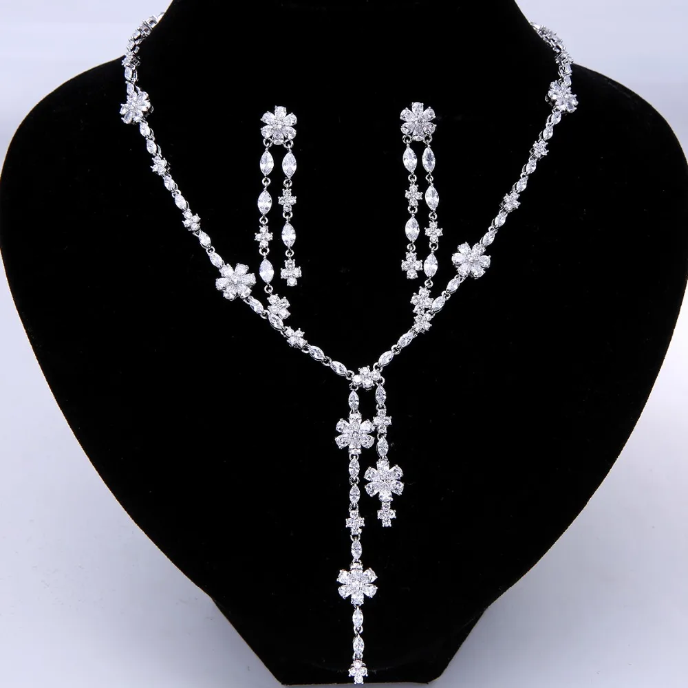 Женский комплект ювелирных изделий, цветочное ожерелье с фианитами, серьги-подвески, ювелирные украшения для невесты в дубайе, N0402
