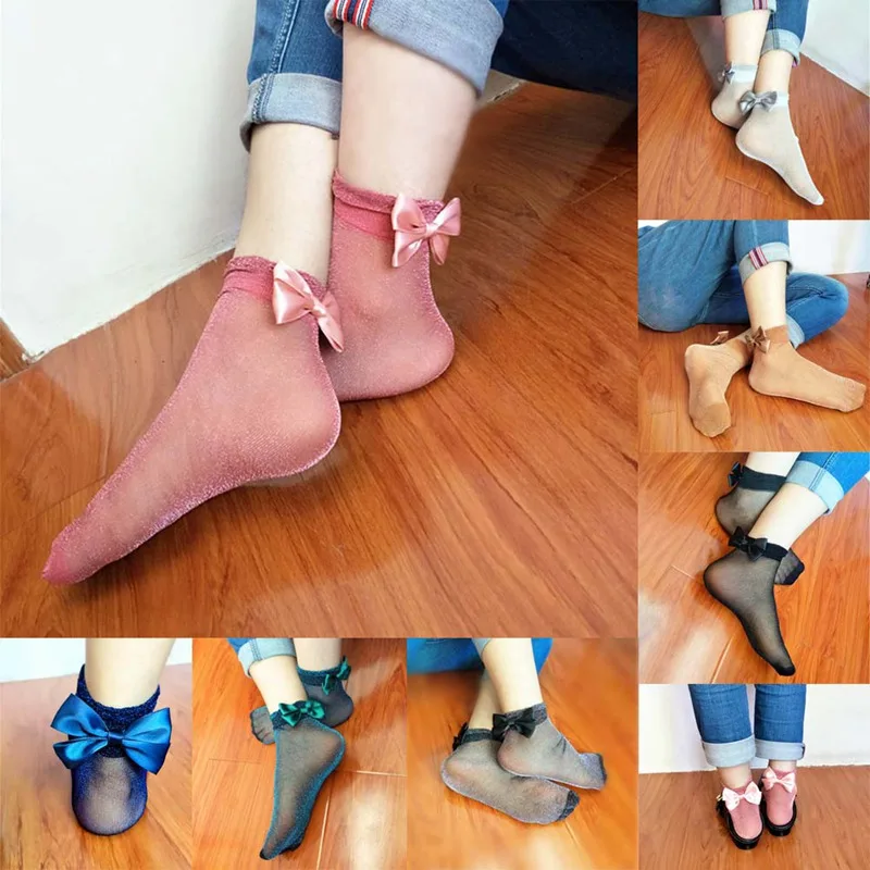 7 цветов милые носки с бантиком в стиле Харадзюку блестящая сетчатая шелковая