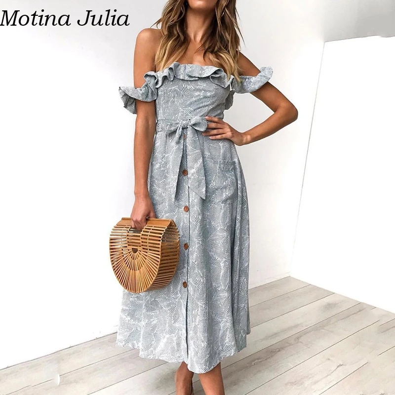 Женское платье с бантом Motina Julia длинное оборками и пуговицами летнее открытыми