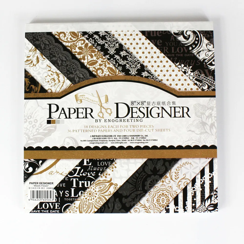 

ENOGREETING 8''classic black theme elegant scrapbooking paper set 40sheets 18patterns background paper pad