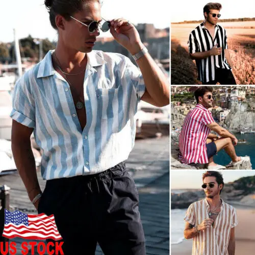 Мужская полосатая рубашка с коротким рукавом повседневная Однотонная