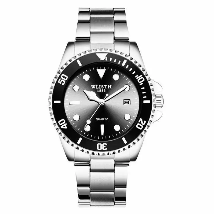 Черный WLITH Роскошные Серебристые Мужские модельные часы зеленого цвета из нержавеющей стали, японские мужские водонепроницаемые повседневные деловые наручные часы - Цвет: Черный