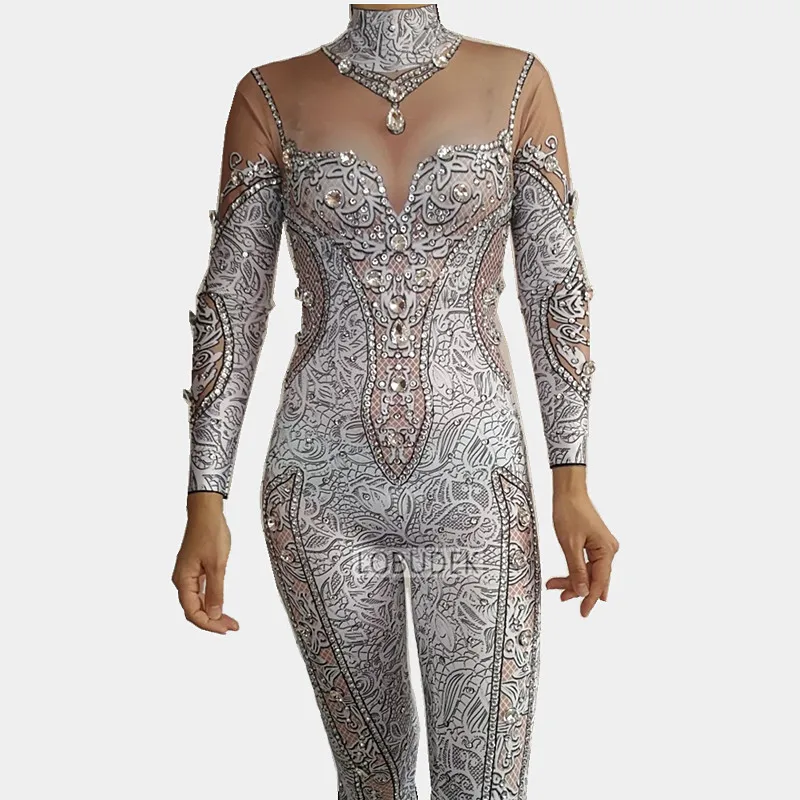 3D Printed Glass Crystals Jumpsuit Rhinestones Stretch Leotard Bodysuit Female Singer Nightclub Clothing Party Stage Costume