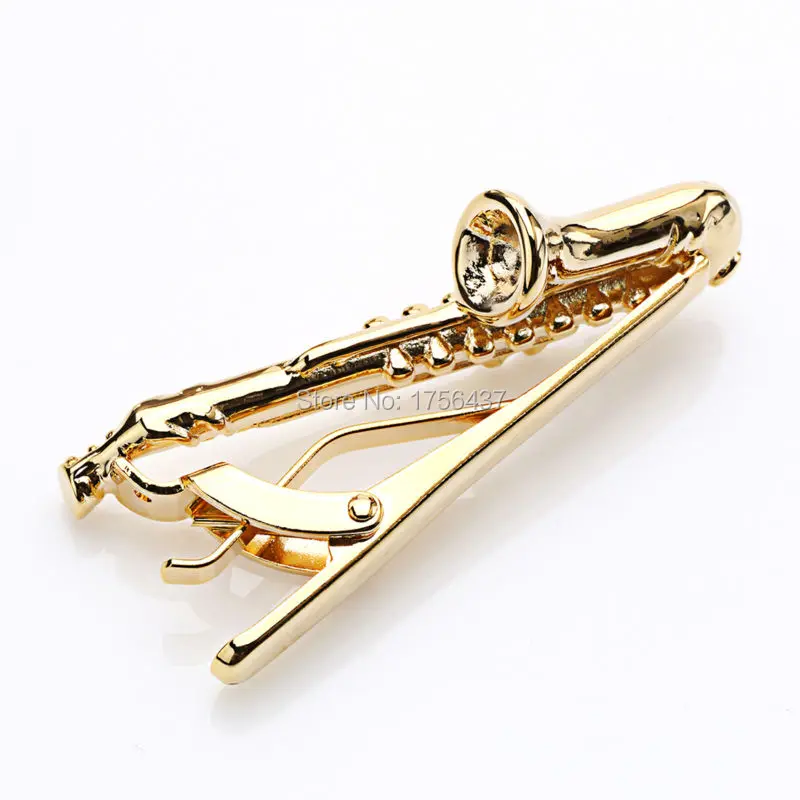 Лидер продаж золотистые и Серебристые музыкальные зажимы для галстуков Sax мужчин