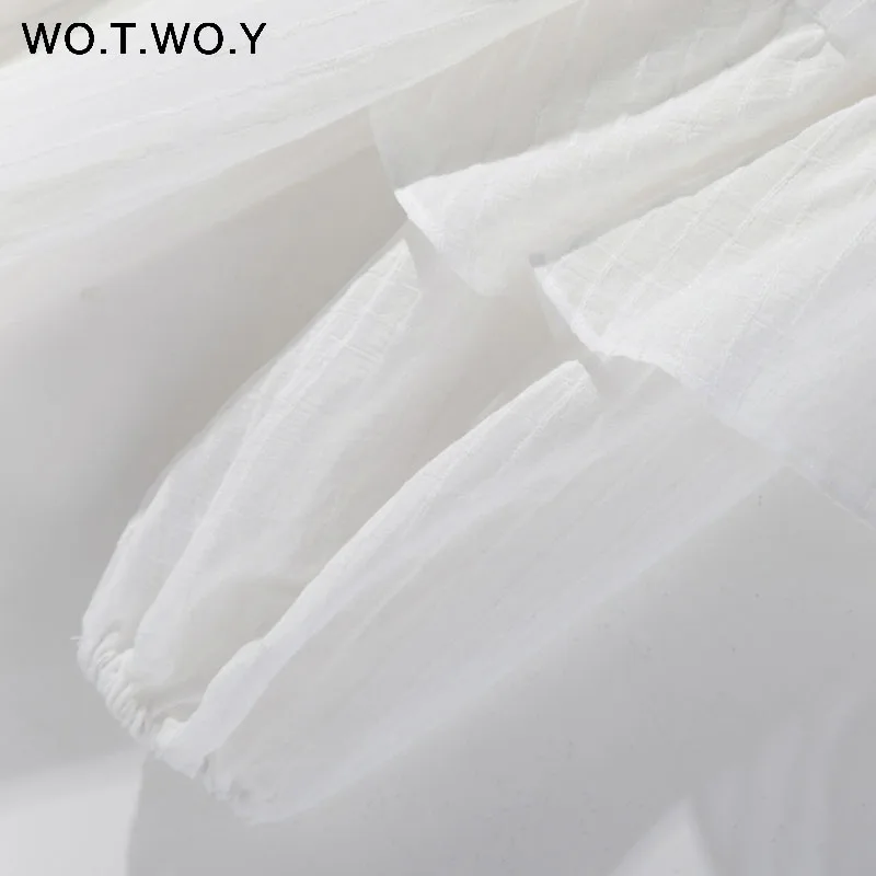 WOTWOY 2019 летние белые Мини платья женские с оборками и круглым вырезом длинным