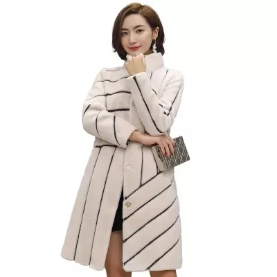 Beige Модное Полосатое пальто, шерсть, меховые пальто для женщин, плюс размер, Повседневная Женская Толстая теплая меховая парка, куртка, женские зимние куртки - Цвет: Beige