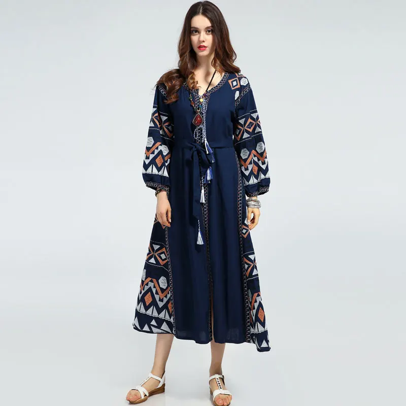 Винтажное платье из хлопка и льна в этническом стиле зима 2017 женское свободное