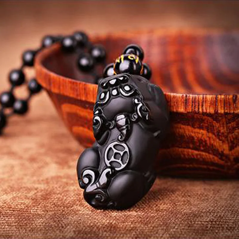 Оптовая продажа натуральный черный обсидиан резная подвеска Pixiu Lucky Amulet ожерелье