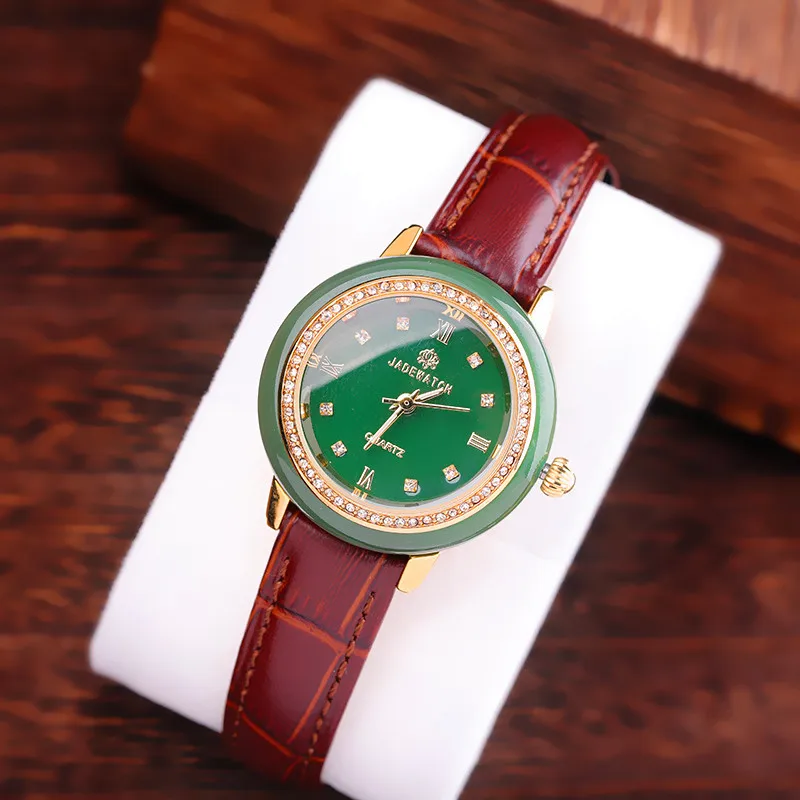 womens green Горячая Распродажа Топ брендовые качественные мужские часы, украшенные драгоценными камнями подарочные часы для пары антикварные нефритовые часы мужские классические часы из натуральной кожи кварцевые часы - Цвет: womens green