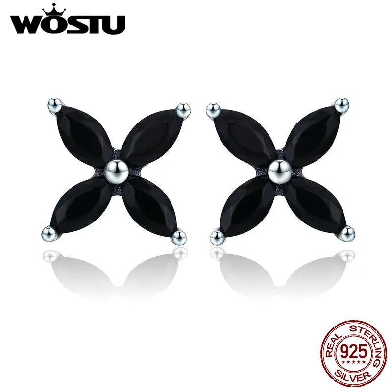 Женские серьги гвоздики WOSTU из 100% настоящего серебра 925 пробы с черным цветком и