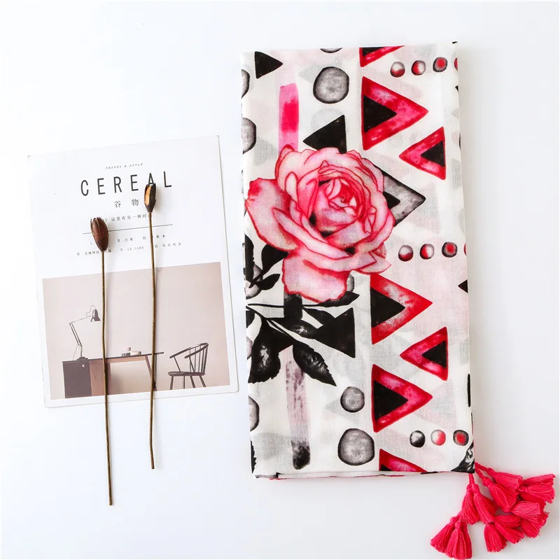 

Bright Rose Scarf Women Large Shawls mixed with Geometric Design Print Foulard [3596]