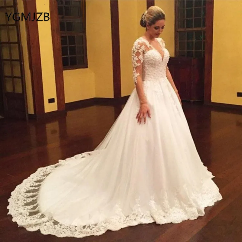 

Vestido De Noiva 2019 Princess Wedding Dresses A-Line Long Sleeves V Neck Applique Lace Saudi Arabic Wedding Gown Bride Dress